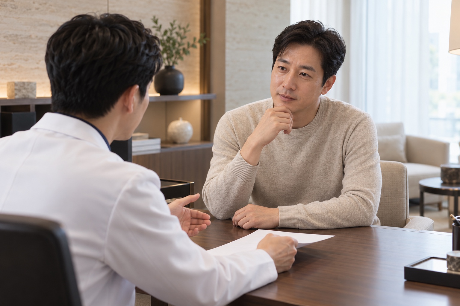 남성 원장과 한국인 남성 환자의 상담 콘셉트