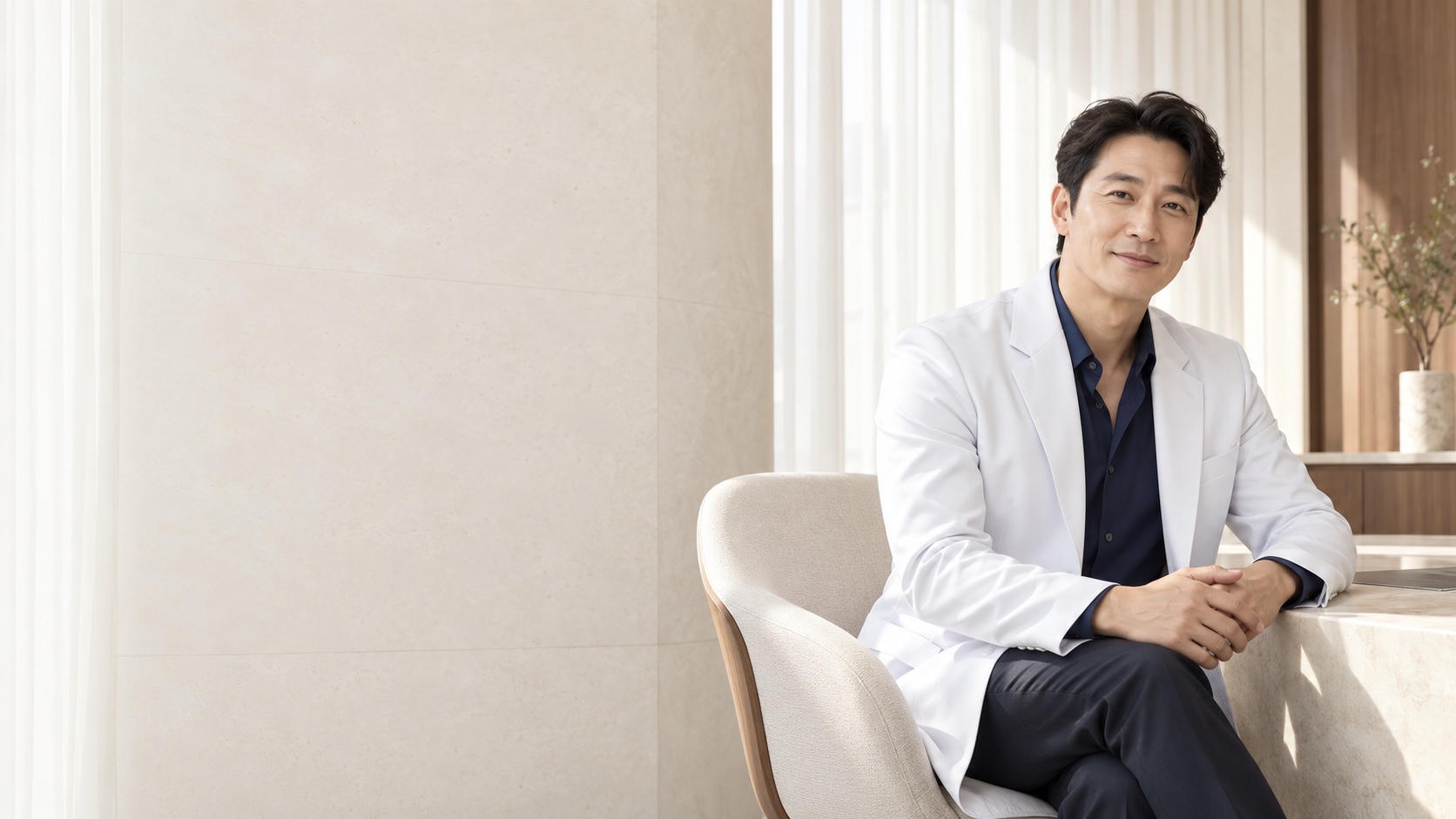 밝은 진료 공간에 앉아 있는 가상의 한국인 남성 원장
